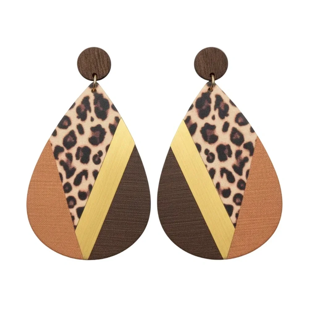 Womens Teardrop Brown Leopard Wood‎ Post Earring